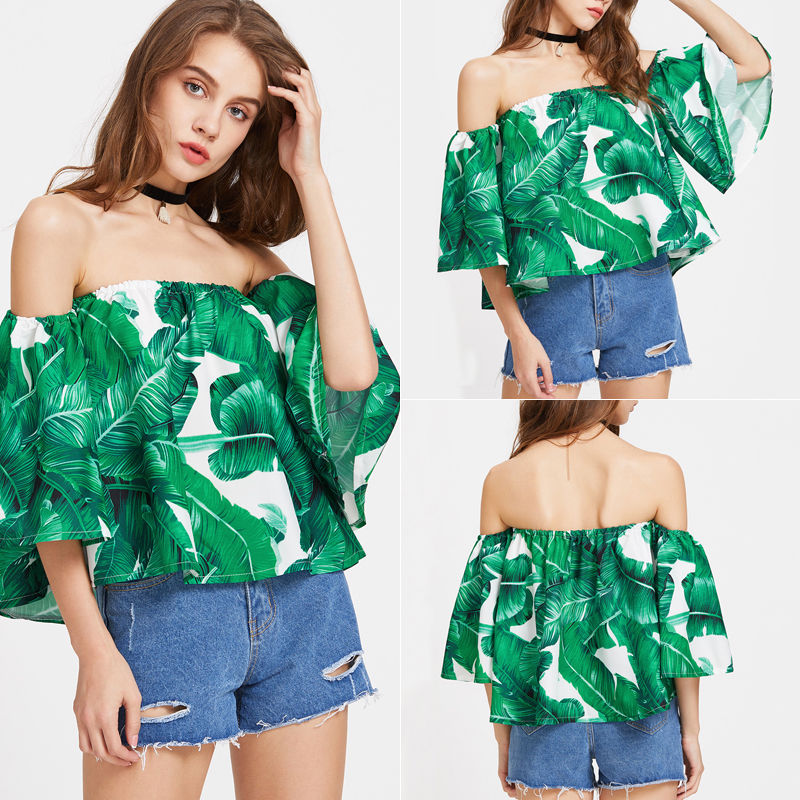 Green Polyester Big Leaves Printed Women Top