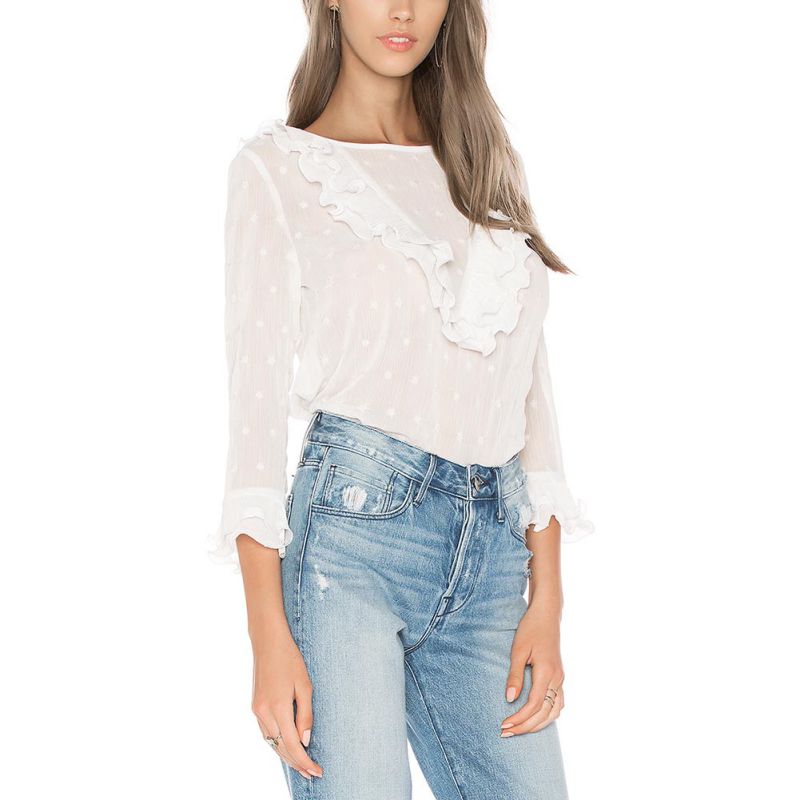 White Polyester Ruffled Front Elegant Women Top