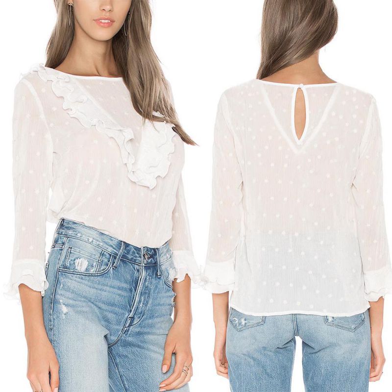 White Polyester Ruffled Front Elegant Women Top