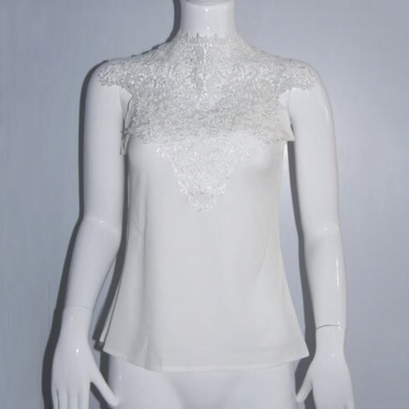 White Polyester Lace Worked Neck Women Top