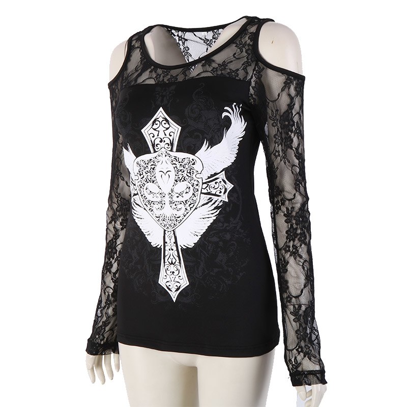 Polyester Printed Front Cold Shoulder Net Sleeeves Women Top