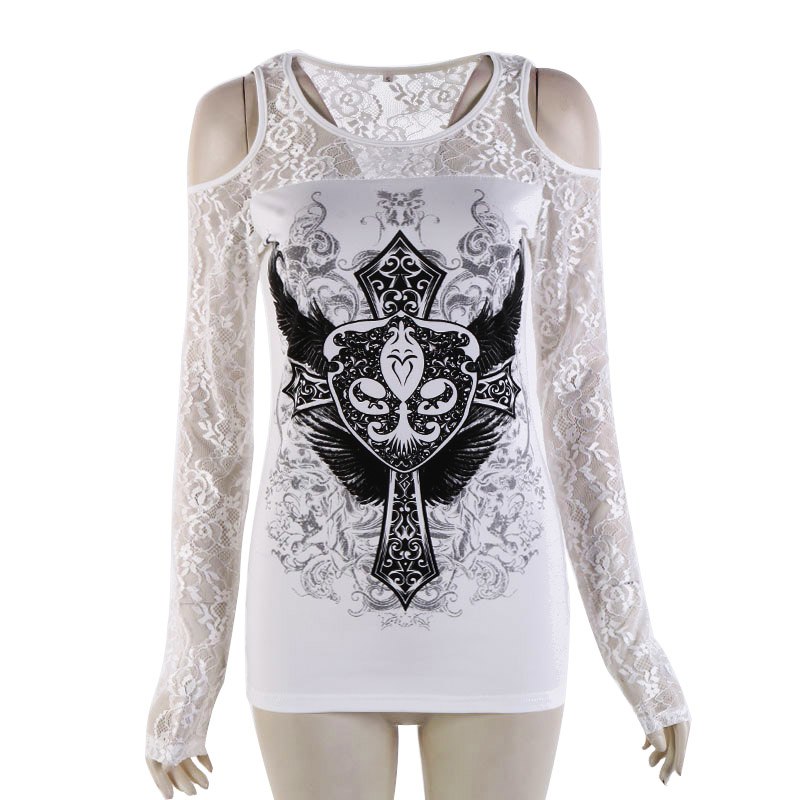 Polyester Printed Front Cold Shoulder Net Sleeeves Women Top