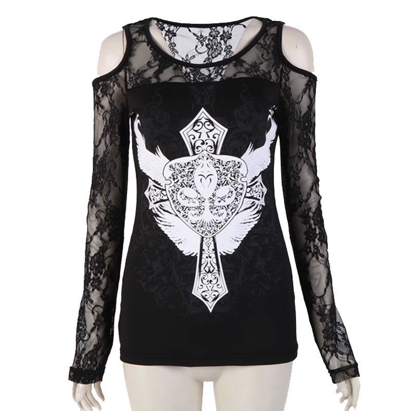 Polyester Printed Front Cold Shoulder Net Sleeeves Women Top