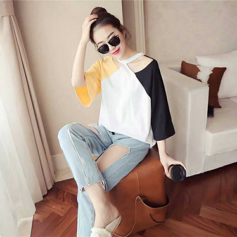 Polyester Dual Shade Cut Patterned Neck Women Top
