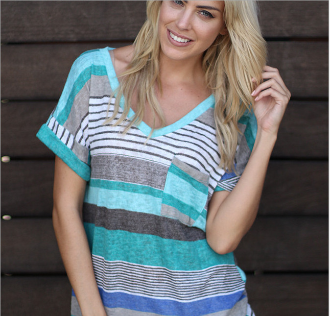 Polyester Strippes Shoulders Casual Women Top