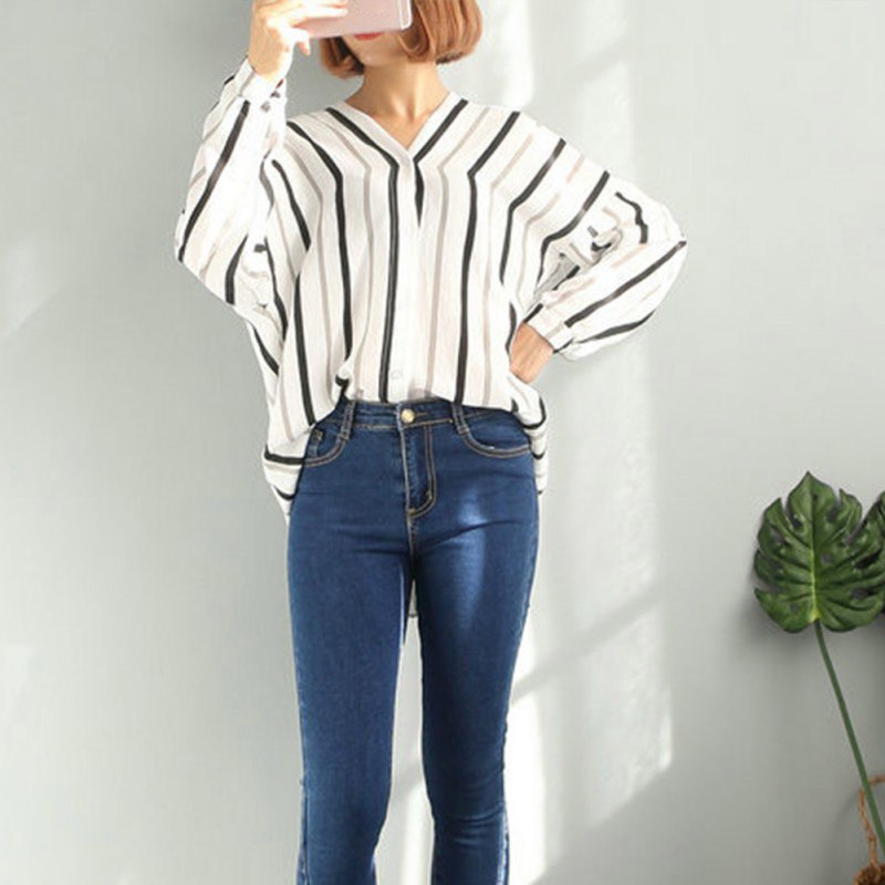 White Polyester Vertical Stripped Loose Women Top