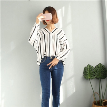 White Polyester Vertical Stripped Loose Women Top