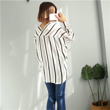 White Polyester Vertical Stripped Loose Women Top