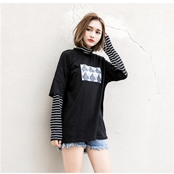 Polyester Stripped Sleeves High Neck Women Top
