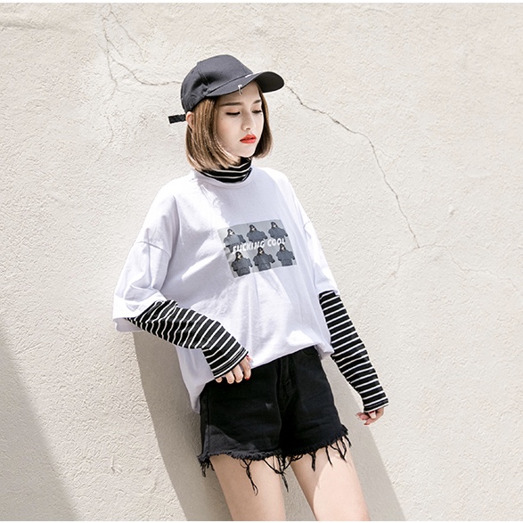 Polyester Stripped Sleeves High Neck Women Top