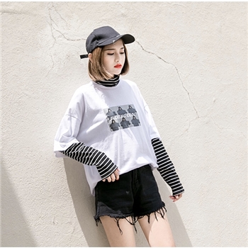 Polyester Stripped Sleeves High Neck Women Top