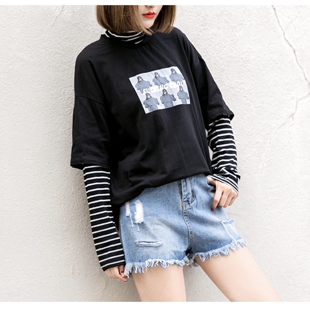 Polyester Stripped Sleeves High Neck Women Top