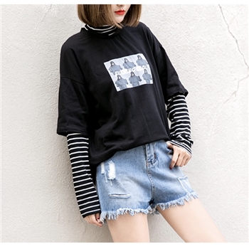 Polyester Stripped Sleeves High Neck Women Top