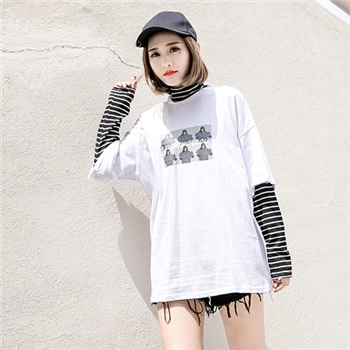 Polyester Stripped Sleeves High Neck Women Top