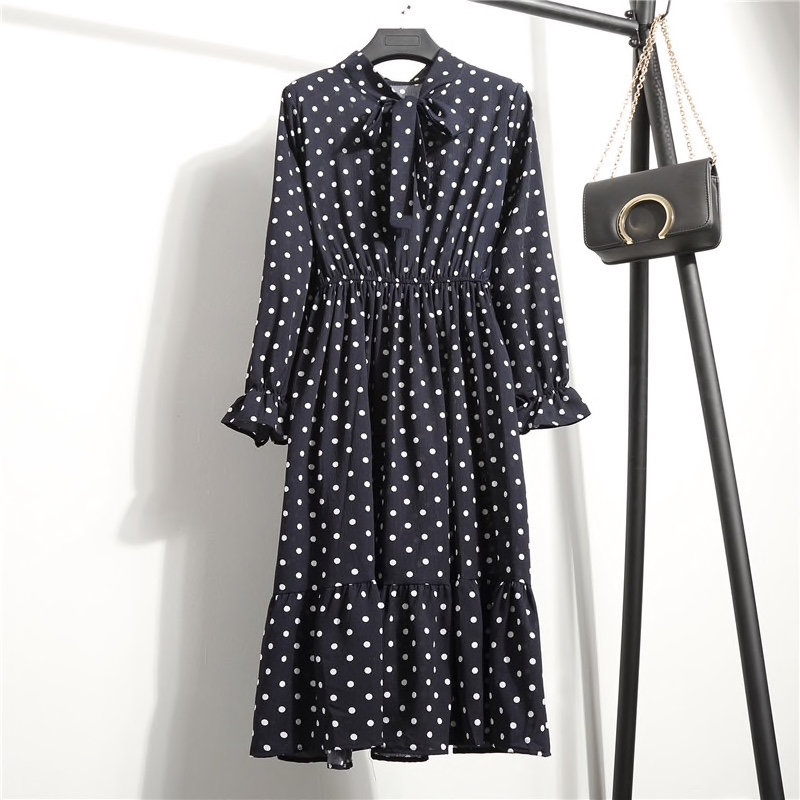 Black Polyester Polka Dots Printed Casual Women Dress