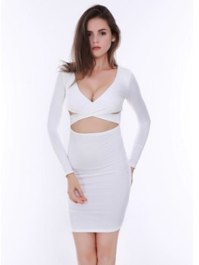 Polyester Pain Deep V Neck Cross Bondage Dress for Women